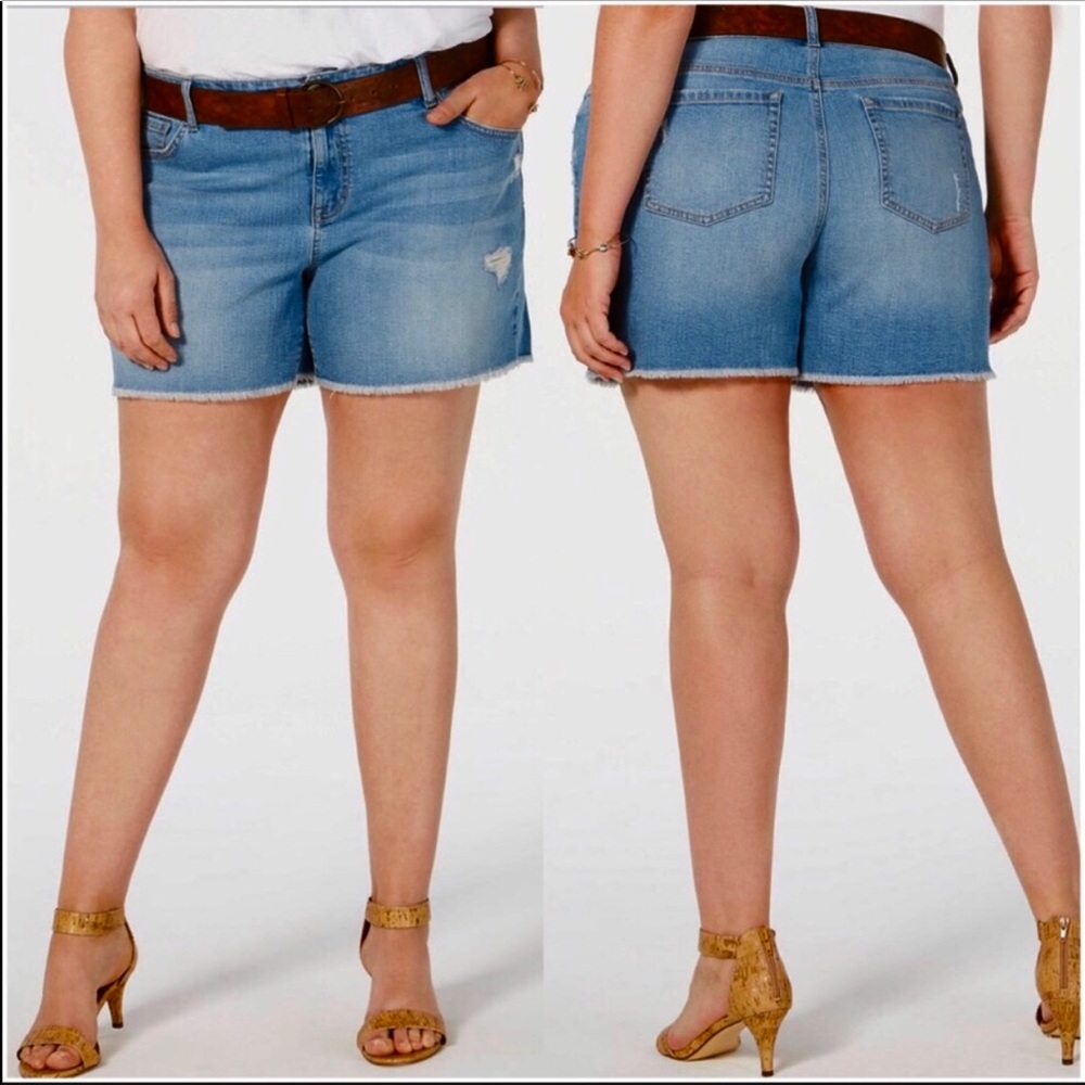 Style & Co Plus Shorts Belted Blue Jean Denim Mid Rise Distressed Frayed Hem